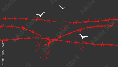 concept freedom, flight, breaking barriers, liberation, victory. barbed wire breaks and turns into a bird