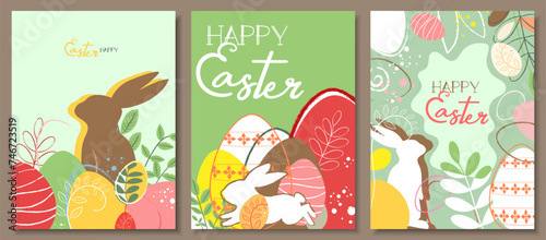 Happy Easter greeting poster, flyer design card. chocolate Bunny rabbit, Easter eggs, spring plants Layout with Holidays Decoration,  presentation, brochure, banner, templates set, background.
