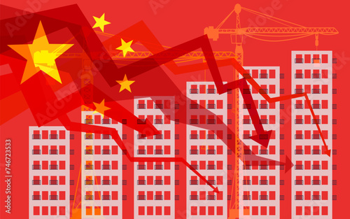 Chinese Economic crisis in the real estate market, flag of China New empty apartment buildings