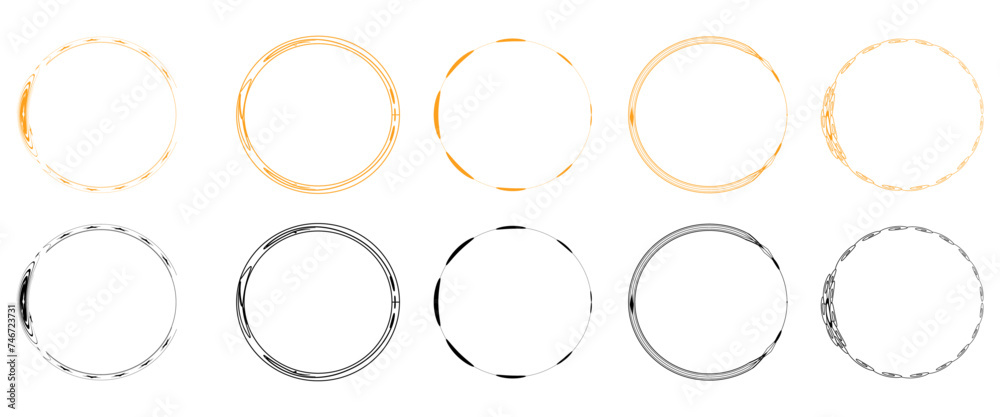 Vector graphic circle frames set. Round line sketch collectiion. Isolated elements.