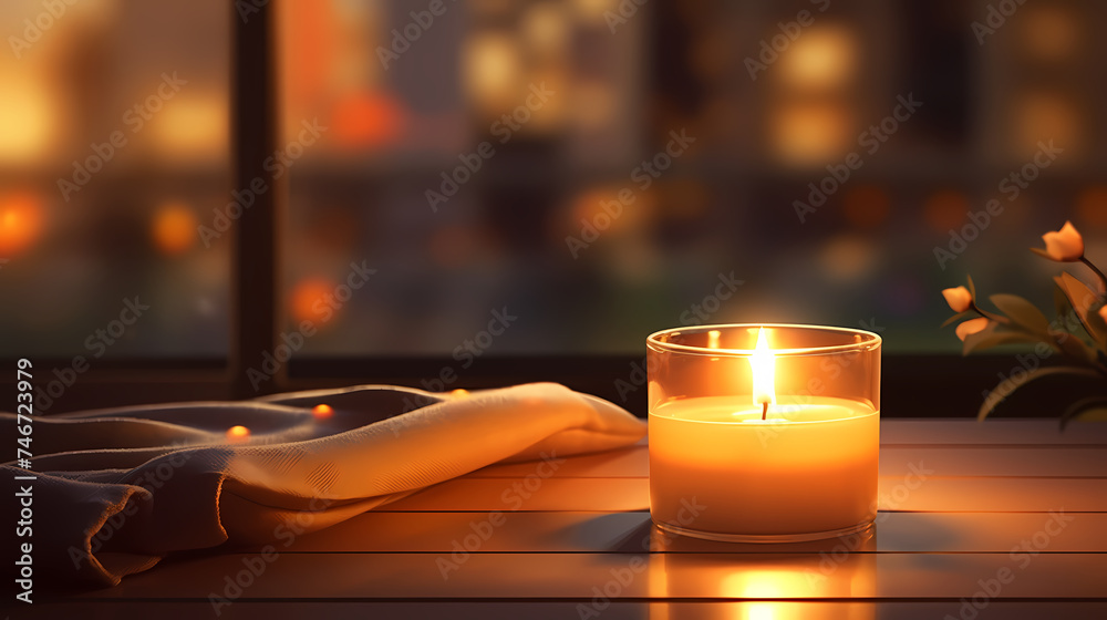 Beautiful cozy background picture of burning candles - obrazy, fototapety, plakaty 