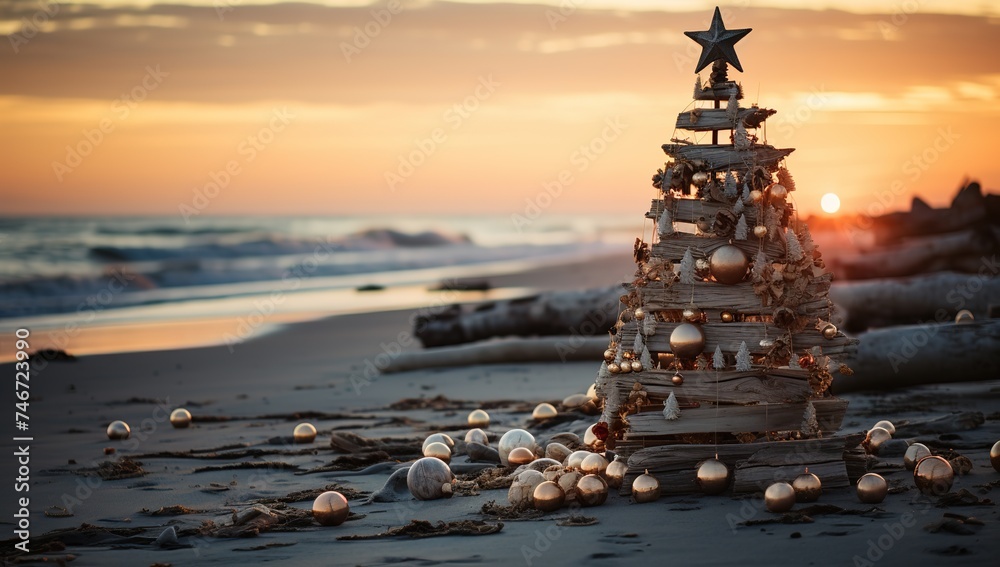 drift wood christmas tree | rustic driftwood xmas trees | driftwood xmas tree, in the style of bokeh panorama, photorealistic compositions, en plein air beach scenes, uhd image, symbolic images, commi - obrazy, fototapety, plakaty 