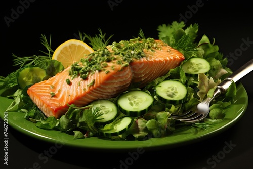 delicious salmon fillet, cucumber, onion, green salad on black background, Concept of healthy and balanced nutrition.