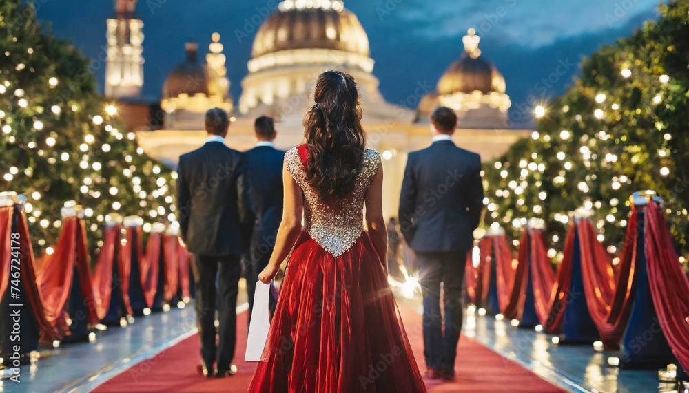 Obraz premium back view of Celebrity nominees arrive for the premiere. Stars in gorgeous evening gowns arrive to the red carpet for the festive awards ceremony