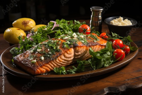 Delicious salmon steak grilled to perfection, topped with herbed butter and served with a colorful side salad of wild greens.