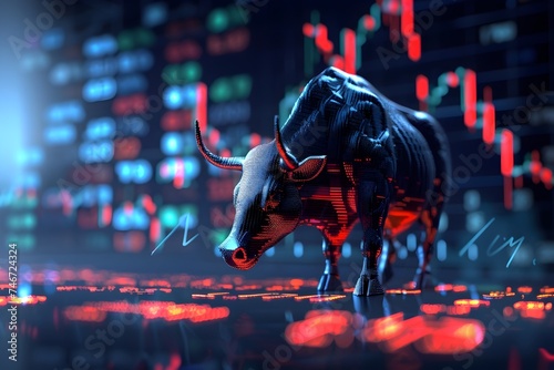 A detailed 3D rendering of a bull in the financial district standing in front of a stock exchange and trading charts in a style of hyper realistic sci-fi and light navy and red