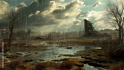 vibrant landscape now bears the scars of nuclear fallout, Seamless looping 4k video background animation photo