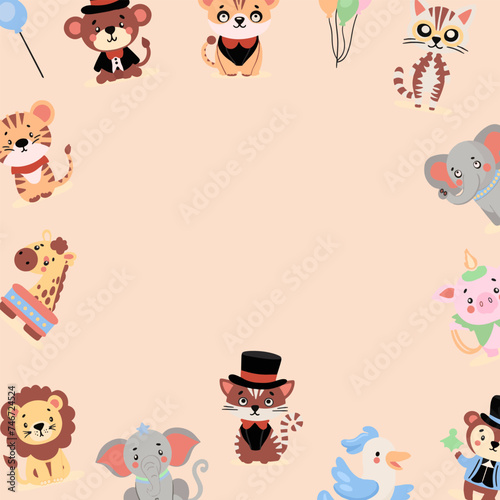 Vector illustration of cute and colorful circus animal set. Cute circus animals and clown character design. © Olha