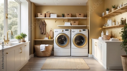 A Beautiful laundry room with long narrow space, washing machine in the kitchen  © MdLimon