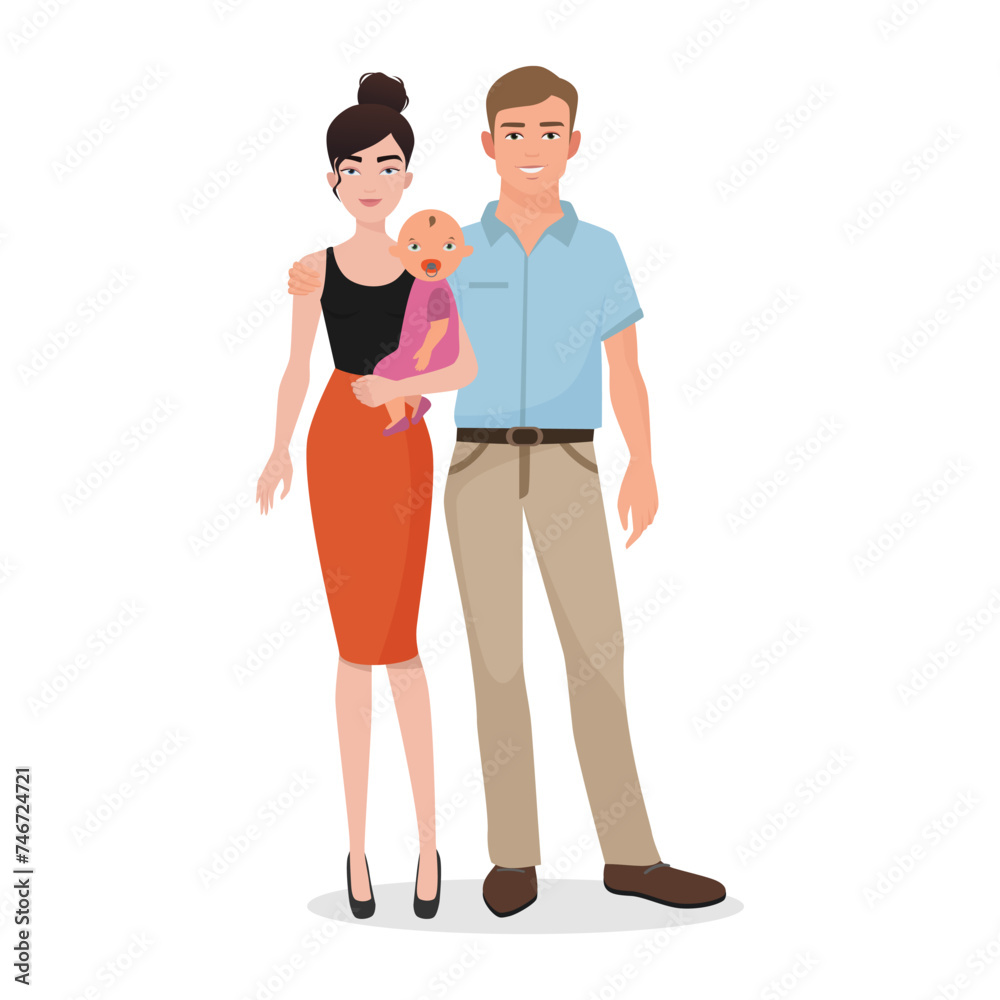 Young couple standing together and hugging, mother holding newborn baby vector illustration