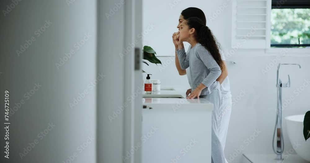 Bathroom, brushing teeth and mother with girl, hygiene and morning routine with wellness. Family, home and mama with daughter and dental care with oral health and bonding with cleaning and parent
