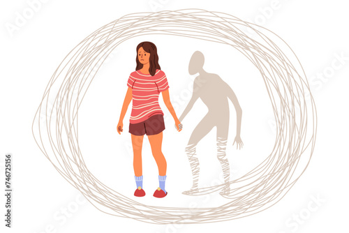 Woman with psychological disorder holds hand of fictional character, for concept of mental problems from past. Girl with psychological illness cannot let go of fears that cause depression and apathy
