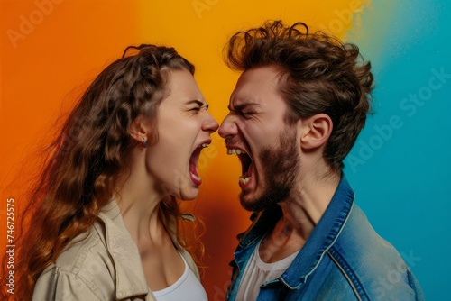 Angry young adult Caucasian woman yelling versus her husband on color background, Young couple arguing and fighting. Domestic violence, emotional abuse scene of woman and man screaming at each other photo