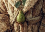 a furry coat with a broach resembling a half of pear 