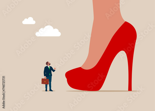 The businessman looking up on huge legs of woman. Feminism, inequality. Gender gap. Career growth and opportunities. Flat vector illustration