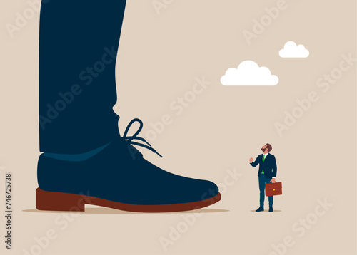 The man looking up on huge legs of another businessman. Survive recession. Career growth and opportunities. Flat vector illustration