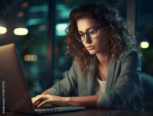 Focused Woman in Glasses Working on Laptop. Stylish Female working on Computer in a Company Office in the Evening. Young Manager Browsing Internet and Reading Social Media Posts from Colleagues.