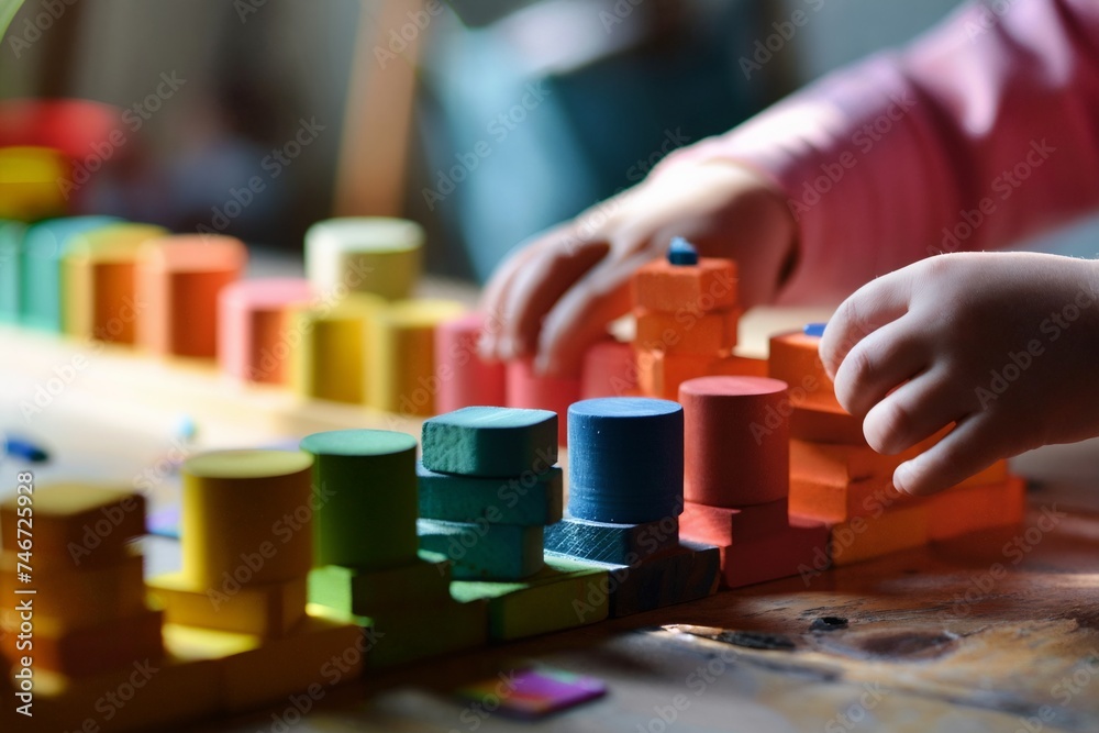 Educational toys, Cognitive skills, Montessori activity. Closeup: Hands of a little Montessori kid learning about color, shape, sorting, arranging by engaged colorful wooden sensorial blocks Educational toys, Cognitive skills, Montessori activity. Closeup: Hands of a little Montessori kid learning about color, shape, sorting, arranging by engaged colorful wooden sensorial blocks