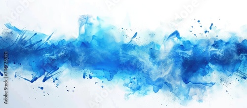 A blue and white abstract painting splattered on a clean white background. The painting features a vibrant mix of abstract shapes and lines in shades of blue and white.