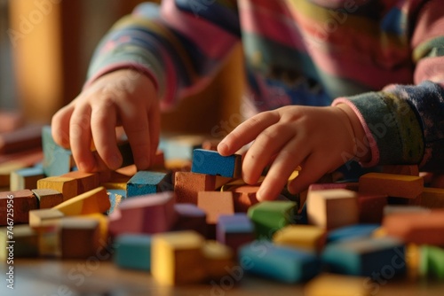 Educational toys, Cognitive skills, Montessori activity. Closeup: Hands of a little Montessori kid learning about color, shape, sorting, arranging by engaged colorful wooden sensorial blocks