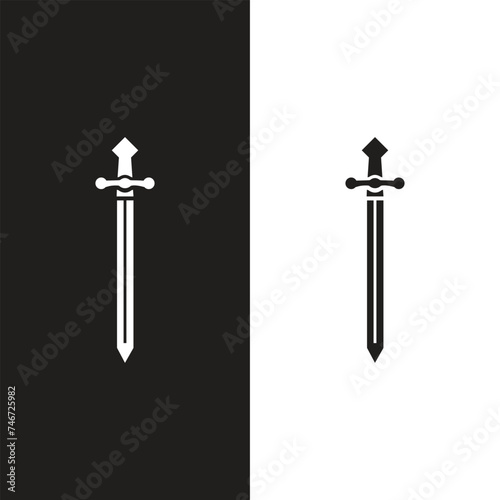 Swords in flat style and silhouettes isolated on white background. Icon set of ancient swords. Vector illustration. Medieval swords. Japanese sword katana. Military sword ancient weapon design silhoue