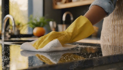 A woman's hand in a yellow protective glove wipes the kitchen counter with a white cloth. Kitchen cleaning concept  photo