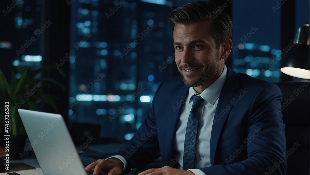Late at Night in Private Office Male Businessman Works on a Laptop Computer, He Look at the Camera with Smile, Data Protection Engineering Network for Cyber Security Late at Night in Private Office Male Businessman Works on a Laptop Computer, He Look at the Camera with Smile, Data Protection Engineering Network for Cyber Security