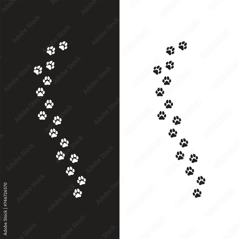 Paw vector foot trail print of cat. Dog, puppy silhouette animal diagonal tracks for t-shirts, backgrounds, patterns, websites, showcases design, greeting cards, child prints and etc.