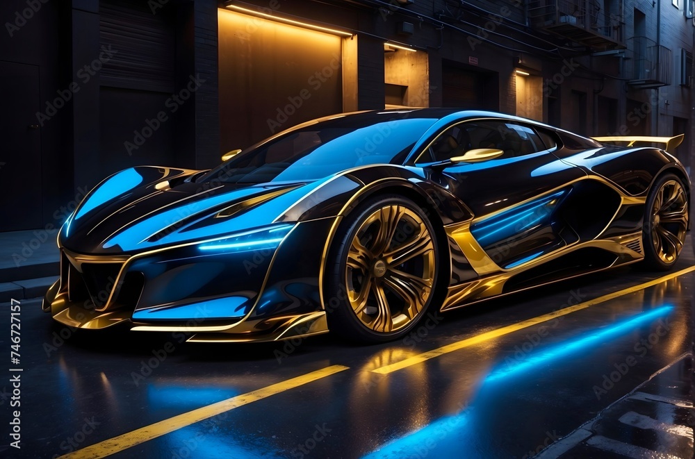 A beautiful futuristic black and gold colour car model with a stunning design, illuminated by neon blue lights, parked in a dark alley, with dim lights and buildings in the background, generative AI
