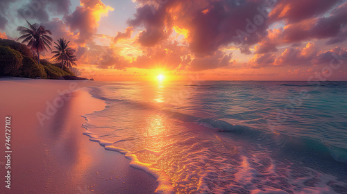 The scene is set on a serene, tropical beach at sunrise.  The calm ocean is a beautiful shade of turquoise, with gentle waves lapping against the powdery white sand. 