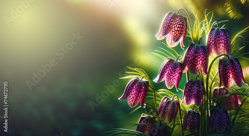 Beautiful spring background with purple bell flowers, Sunlit Fritillaria Meleagris in Bloom