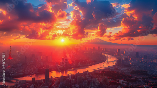 Aerial Photography of Tokyo Skyline with Fuji mountain in Background