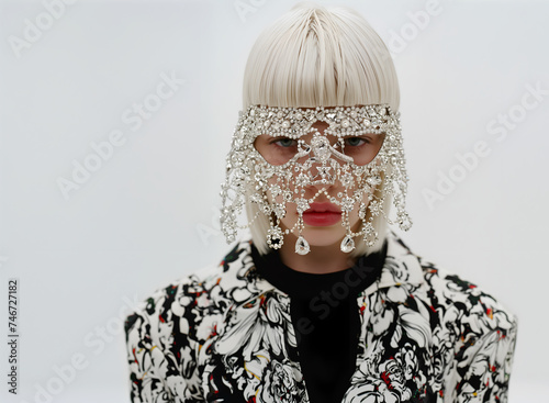 Fashion editorial Concept. White blonde bob hair woman with diamond diamante sequin shiny glitter jewelled face mask in elaborate jacket. copy text space