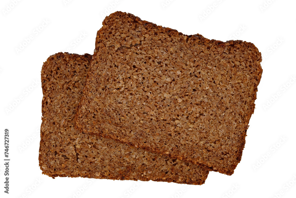 two slices of rye whole grain bread isolated on white background, healthy hole grain product with a high fiber content two slices of rye whole grain bread isolated on white background, healthy hole grain product with a high fiber content
