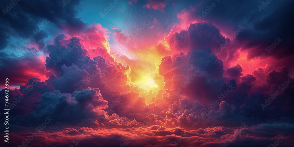 Warm and cool evening dramatic cloudscape. Puffy vivid sky - obrazy, fototapety, plakaty 