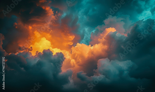 Warm and cool evening dramatic cloudscape. Puffy vivid sky