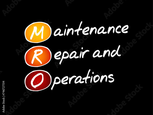 MRO Maintenance, Repair, and Operations - all the activities needed to keep a company's production processes running smoothly, acronym text concept background