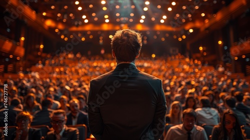 Elegant Businessman Giving a Presentation in a Packed Auditorium