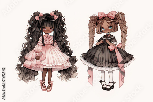 Two Cute Kawaii Gothic Girls in Victorian Inspired Dresses photo