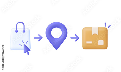 3D Steps of delivery services illustration. Receive order in pick up point. E-commerce business concept