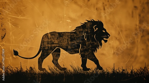 A fierce lion logo standing proudly against a rugged savanna backdrop, symbolizing strength and leadership. generated AI