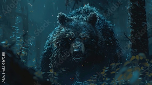 A menacing wolverine logo emerging from the depths of a dark forest, embodying ferocity and tenacity. ganerated AI photo