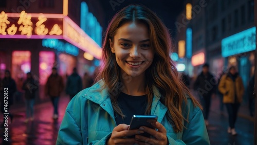 Beautiful Young Woman Using tablet Standing on the Night City Street Full of Neon Light, Portrait of Gorgeous Smiling Female Using Mobile Phone