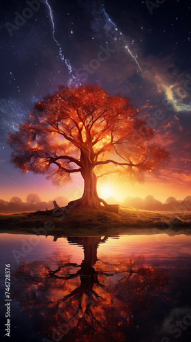 A Mystifying Golden Tree Under the Starry Night Sky: Nature's Intrigue at its Best