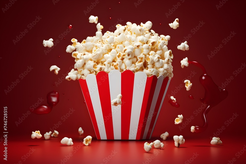 A bucket of popcorn that is on a red background
