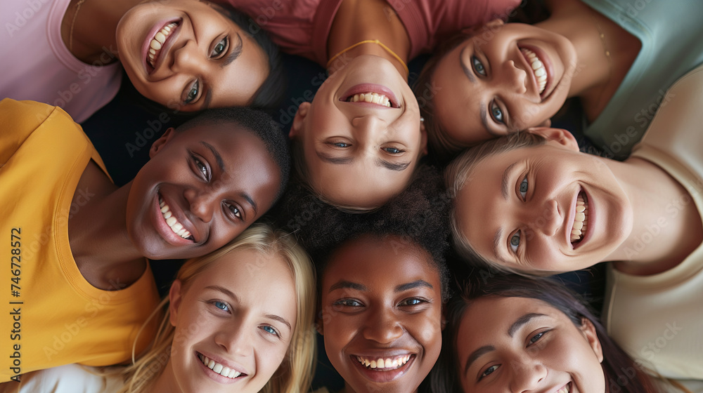 Diverse Group of Friends Smiling Together. A vibrant circle of multiethnic friends lying down, heads together, with genuine smiles and a sense of unity and friendship. Diverse Group of Friends Smiling Together. A vibrant circle of multiethnic friends lying down, heads together, with genuine smiles and a sense of unity and friendship.