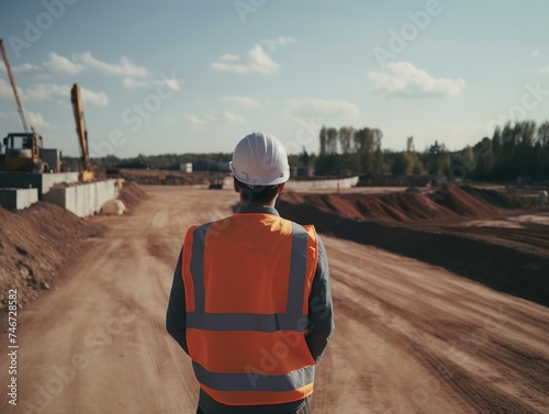 Engineer in front of a road construction project, monitoring work, view from behind