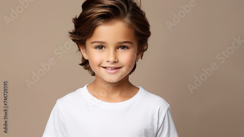 Cheerful young boy in white tee for advertising on solid studio backdropempty t shirt display.