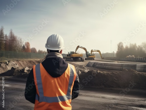 Engineer in front of a road construction project, monitoring work, view from behind © Smilego