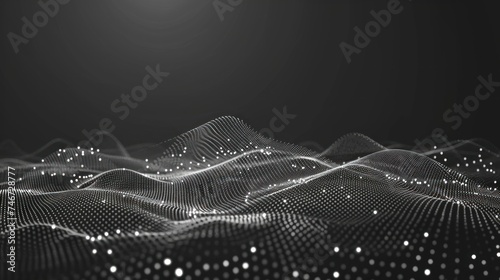 Abstract wave with moving dots and lines. Particle flow. Black and white vector technology illustration